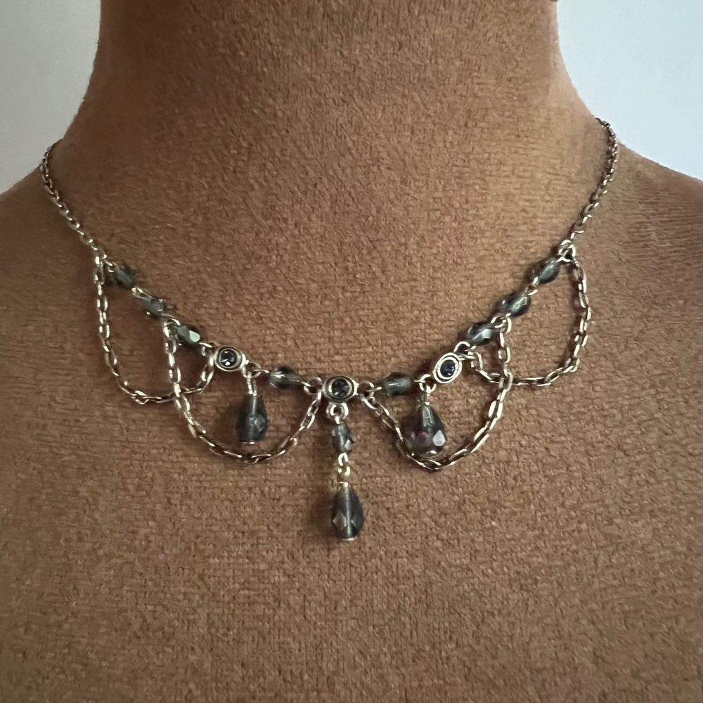 Robert Rose Silver Tone Smoky Glass Bead Draped Chain Choker Necklace 14-17 In